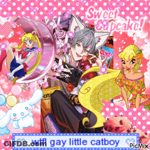 A Collage Of Cartoon Characters With The Words WTF Gay Little Catboy GIF