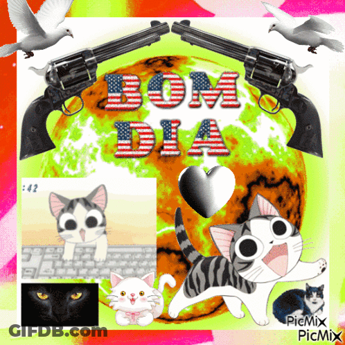 A Collage Of Cats And Guns With The Words Bom Dia On Top GIF