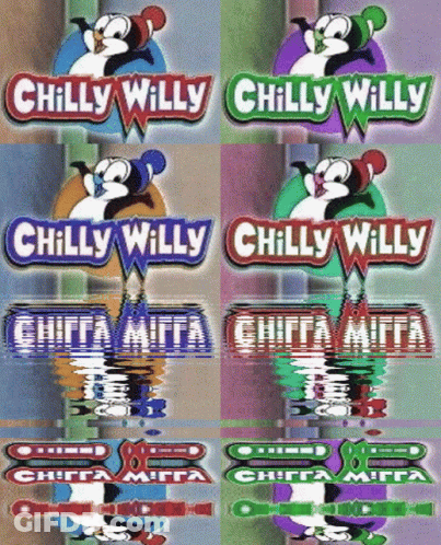 A Collage Of Chilly Willy Logos On A Purple Background GIF