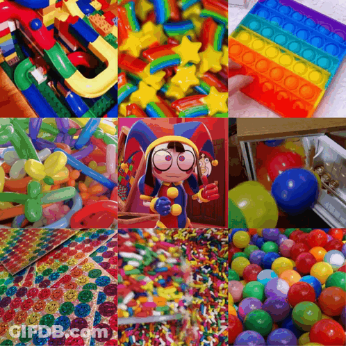 A Collage Of Colorful Toys Including Balloons Stickers And A Pop It GIF