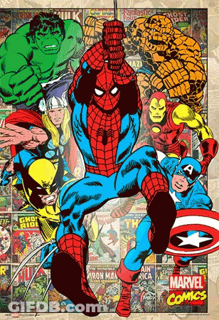A Collage Of Comic Book Characters Including Spider Man Captain America And Wolverine GIF