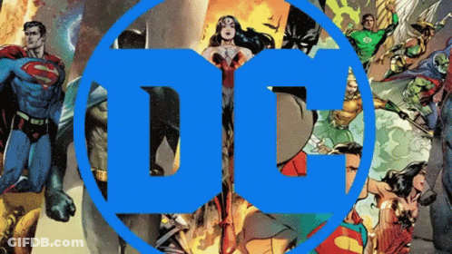 Collage Of Comic Book Characters With DC Logo GIF