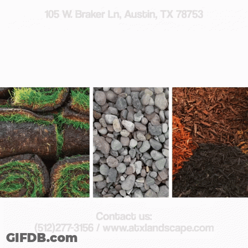 A Collage Of Different Types Of Rocks And Mulch With The Address 105 W Braker Ln Austin Tx 78753 GIF