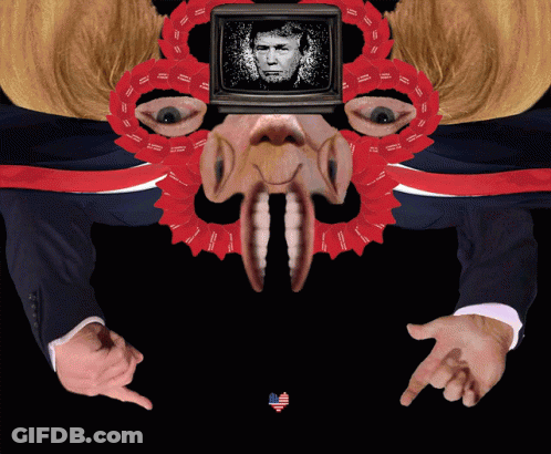 A Collage Of Donald Trump 'S Face With Red Ribbons Around His Eyes GIF