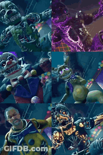 A Collage Of Five Nights At Freddy 'S Characters Including A Clown And A Rabbit GIF