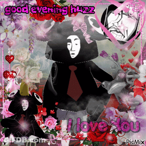 A Collage Of Flowers And Hearts With The Words Good Evening Huzz I Love You GIF