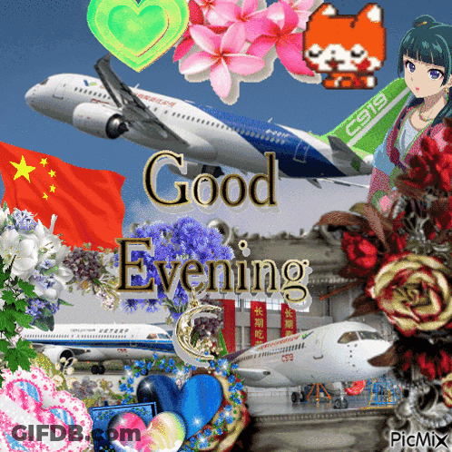 A Collage Of Flowers And Planes With The Words Good Evening GIF