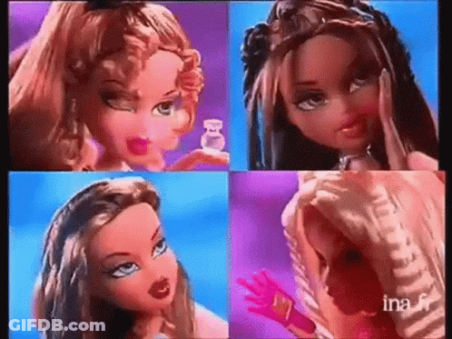 A Collage Of Four Dolls Holding Bottles Of Perfume In Their Hands . GIF