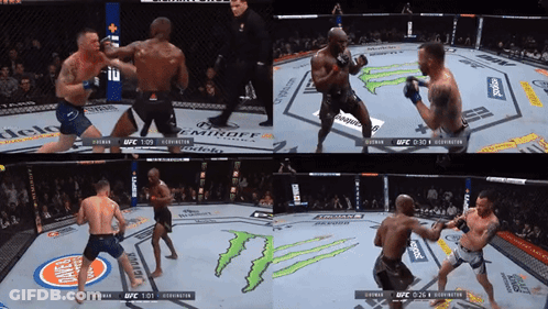A Collage Of Four Images Of A Ufc Fight With A Monster Energy Logo In The Background GIF
