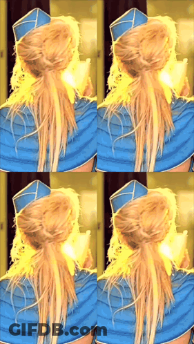 A Collage Of Four Images Of A Woman Wearing A Blue Hat GIF