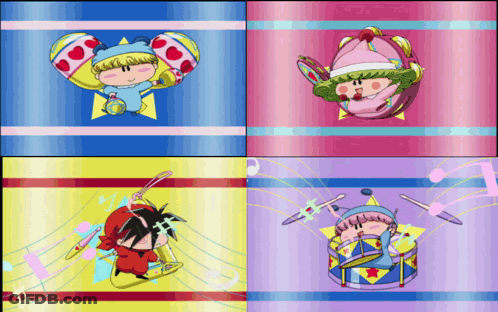 A Collage Of Four Images Of Cartoon Characters Playing Musical Instruments GIF