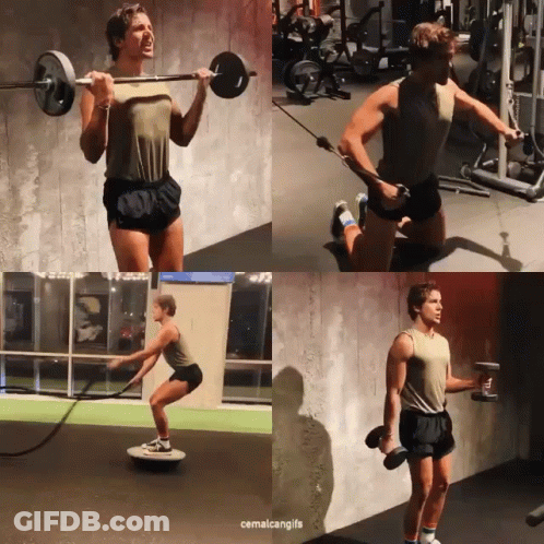 A Collage Of Four Pictures Of A Man In A Gym With The Words Cemalcangifs At The Bottom GIF