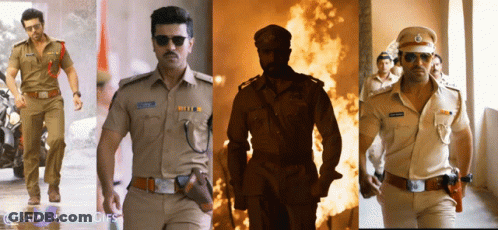 A Collage Of Four Pictures Of A Man In A Police Uniform With The Caption Ramcharan.gifs GIF
