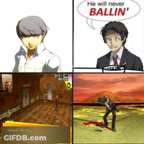 A Collage Of Four Pictures Of A Man In A Suit And Tie With A Speech Bubble Saying `` He Will Never Ballin '' GIF