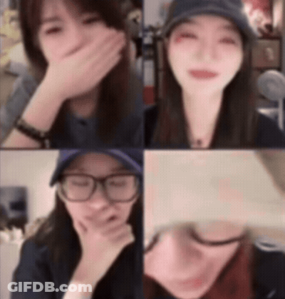 A Collage Of Four Pictures Of A Woman Covering Her Face With Her Hand GIF