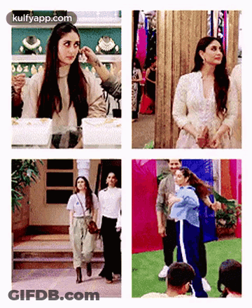 A Collage Of Four Pictures Of A Woman In A White Dress GIF
