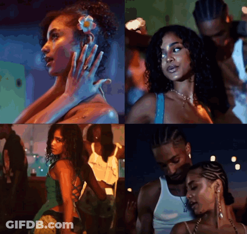A Collage Of Four Pictures Of A Woman With A Flower In Her Hair And A Man In A White Tank Top GIF