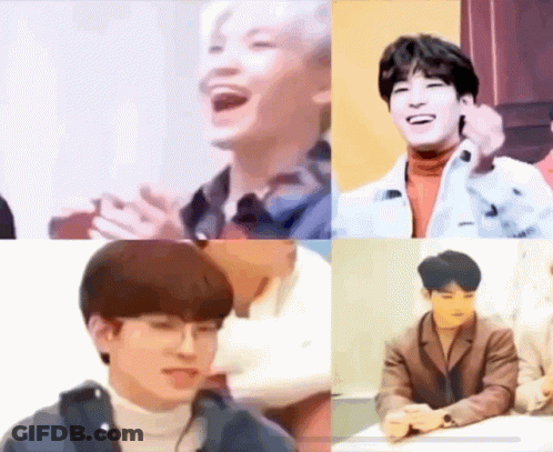 A Collage Of Four Pictures Of A Young Man Laughing And Sitting At A Table . GIF