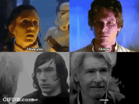 A Collage Of Four Pictures Of Han Solo , A Woman , A Man , And A Woman . GIF