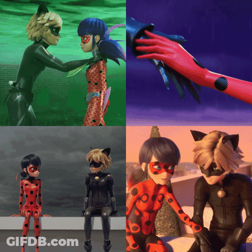 A Collage Of Four Pictures Of Ladybug And Chat Noir GIF
