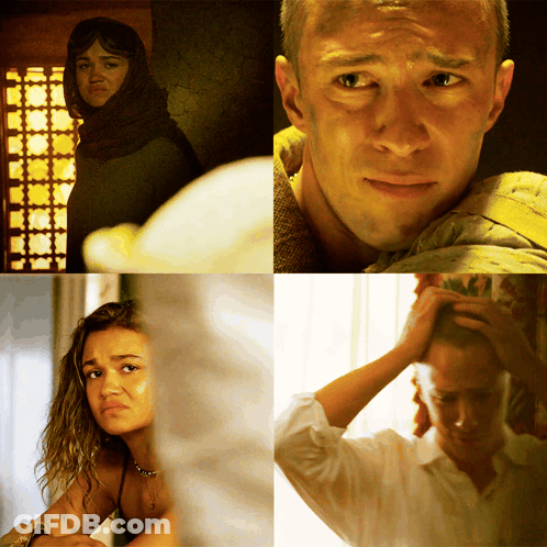 A Collage Of Four Pictures Shows A Woman A Man And A Man With His Hand On His Head GIF