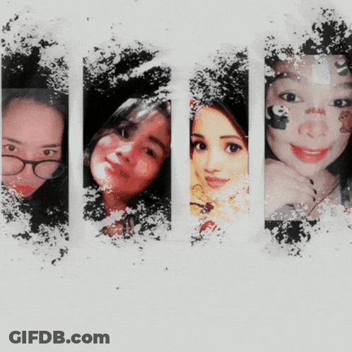 A Collage Of Four Women 'S Faces Including One With A Panda On Her Face GIF