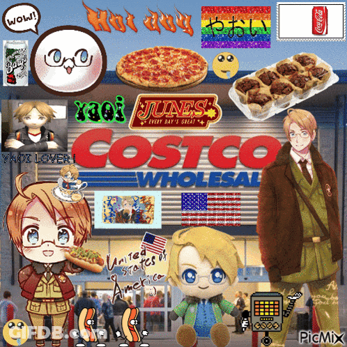 A Collage Of Images Including A Costco Wholesale Sign GIF