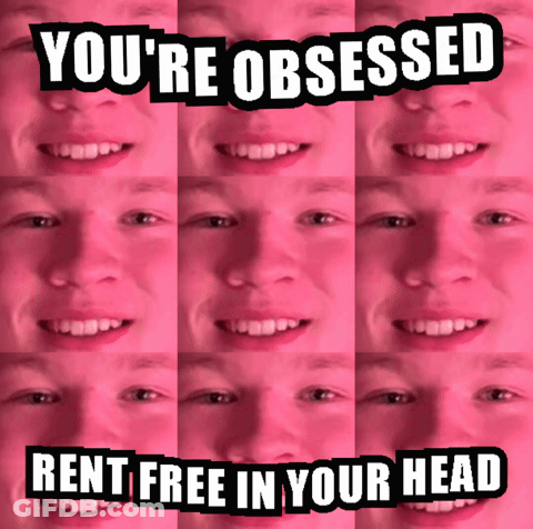 A Collage Of Images Of A Man With The Caption " You 'Re Obsessed Rent Free In Your Head " GIF