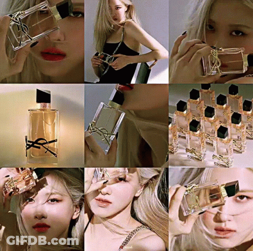A Collage Of Images Of A Woman Holding A Bottle Of Perfume GIF