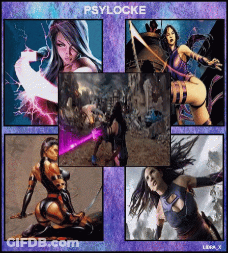 A Collage Of Images Of Psylocke With The Name Libra X On The Bottom Right GIF