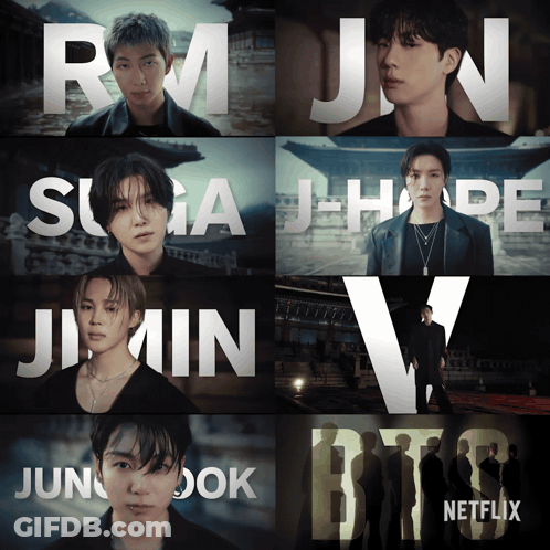 A Collage Of Images With The Names Rm Jin Suga J-Hope And Jimin GIF