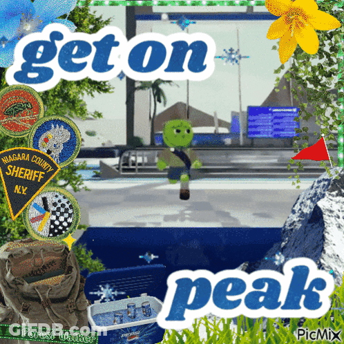 A Collage Of Images With The Words Get On Peak In The Middle GIF
