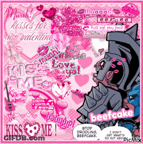 A Collage Of Images With The Words Kiss Me And Beefcake On It GIF