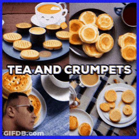 A Collage Of Images With The Words Tea And Crumpet On The Bottom GIF