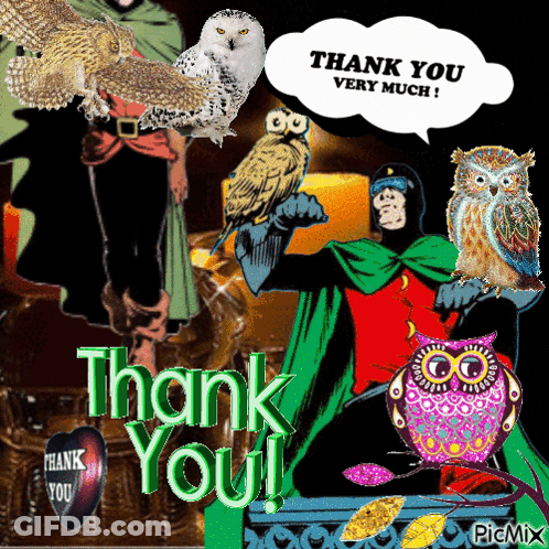 A Collage Of Owls With A Thank You Message GIF
