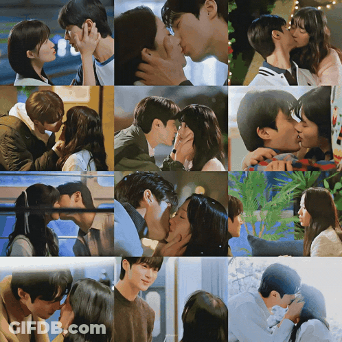 A Collage Of Photos Of A Couple Kissing GIF