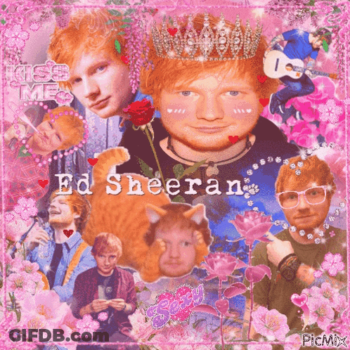A Collage Of Photos Of Ed Sheeran With Flowers And Hearts On A Pink Background GIF