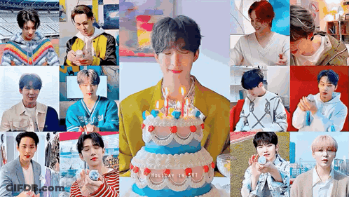 A Collage Of Pictures Of A Man Holding A Cake With Candles . GIF