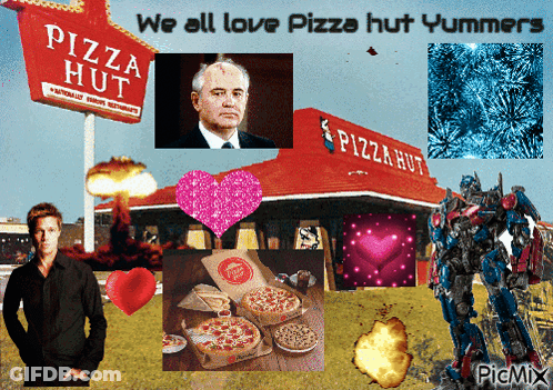A Collage Of Pictures With The Words We All Love Pizza Hut Yummers At The Top GIF