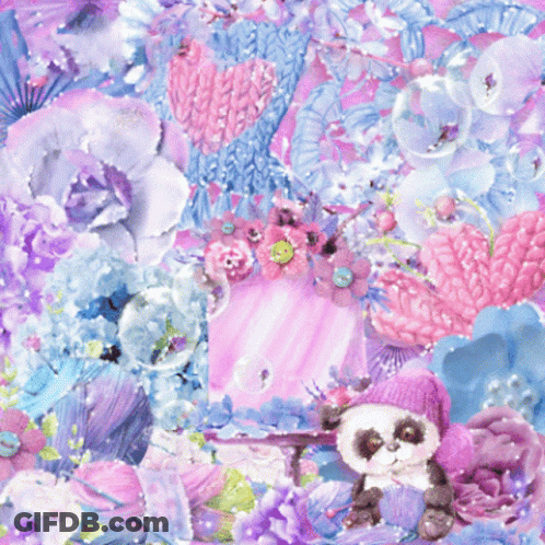 A Collage Of Pink And Blue Flowers With A Panda GIF
