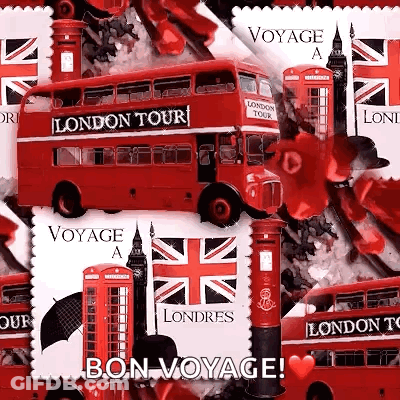 A Collage Of Red Buses , Telephone Booths , Umbrellas , And The Words Voyage A London Tour GIF