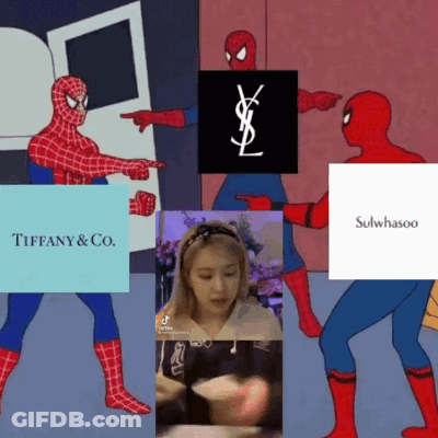 A Collage Of Spiderman Pointing At Tiffany & Co. Sulwhasoo And Ysl GIF