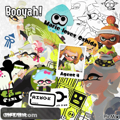 A Collage Of Squid Game Characters With The Words Booyah Marie Loves Oshida And Agent 4 GIF