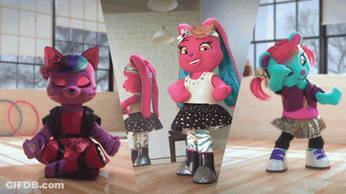 A Collage Of Three Dolls With Different Outfits GIF