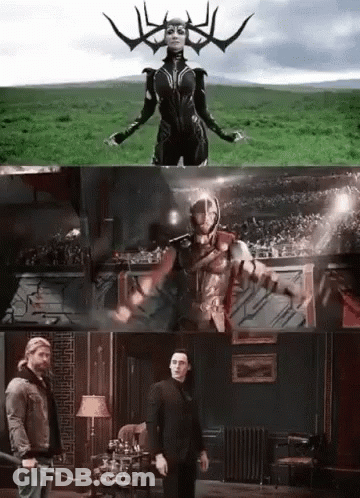 A Collage Of Three Images Shows A Woman With Horns And A Man In A Suit GIF