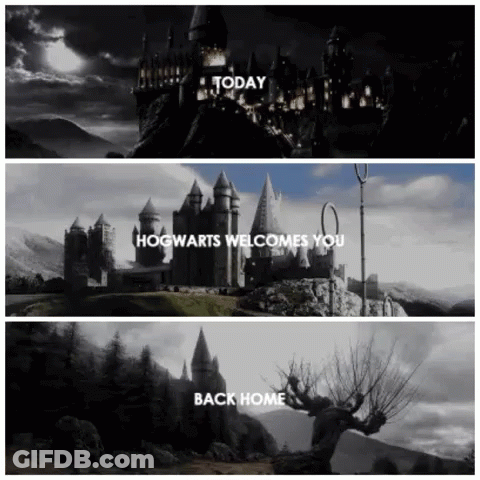 A Collage Of Three Pictures Of Hogwarts With The Words Today Hogwarts Welcomes You Back Home At The Bottom GIF