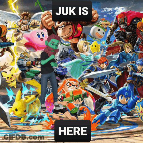 A Collage Of Video Game Characters With The Words " Juk Is Here " At The Top GIF