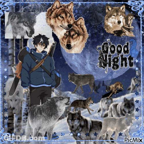A Collage Of Wolves And A Man With The Words Good Night On It GIF