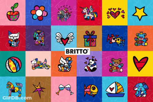 A Collection Of Britto Drawings On A Blue Background GIF