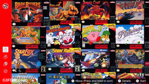 A Collection Of Nintendo Super Nintendo Games On A Red Screen GIF